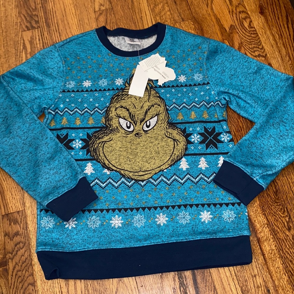 Grinch Ugly Christmas Teal Blue Sweater Kids Lrg